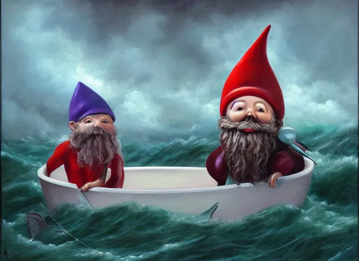 Image similar to a terrified garden gnome sailing in a bucket, background of raging ocean on a stormy with dramatic clouds, an ultrafine detailed painting by mark ryden, trending on deviantart, pop surrealism, whimsical, lowbrow, danger, perfect symmetrical face