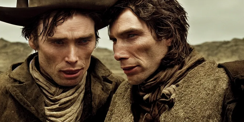 Prompt: rugged bandit cillian murphy in the old west, strangling hank floyd. volumetric lighting, cinematic, dark, grim. directed by coen brothers.