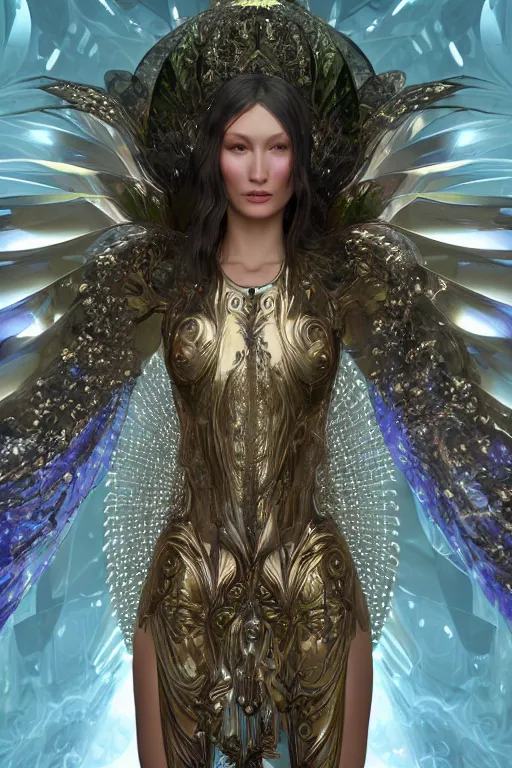 Prompt: a realistic picture of a beautiful ancient alien woman goddess bella hadid standing in iris van herpen dress jewelery and fractals in style of alphonse mucha art nuvo dmt trending on artstation made in unreal engine 4