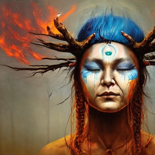 A young blindfolded shaman woman with a decorated, Stable Diffusion