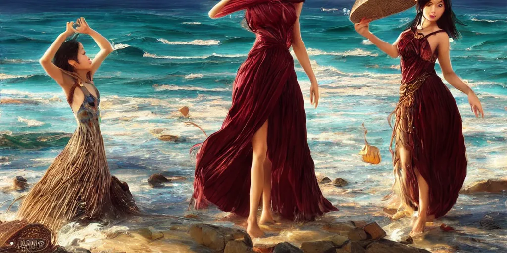 Image similar to ! dream photorealistic long shot of a dark mystical goddess wearing a qipao dress, big sun rough sea and jagged rocks, nets, plastic bottles, garbage, sand and sea, golden hour, ao dai, environmental, fantasy, atmospheric, hyper realistic, artstation, art by artgerm, andres rodriguez and john william waterhouse