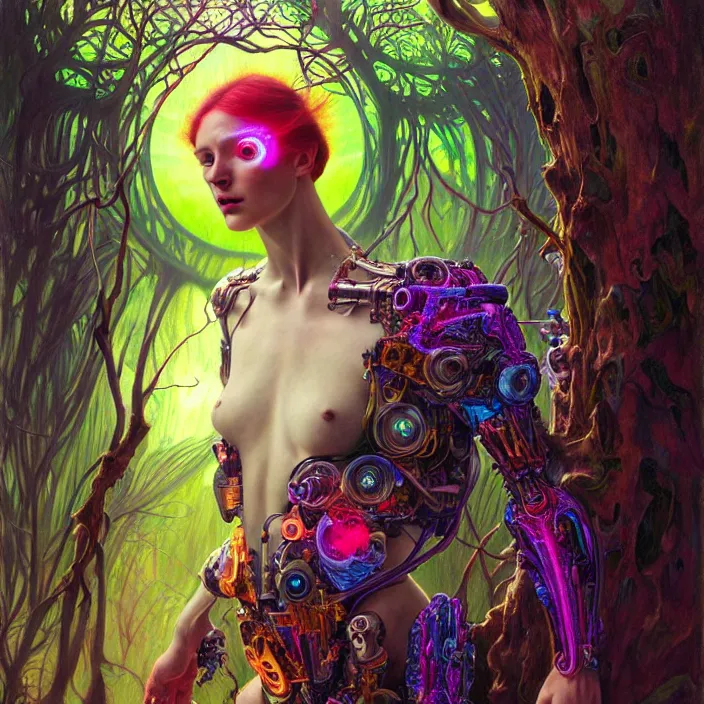 Prompt: bright psychedelic portrait of giant organic cyborg over an ancient forest, diffuse lighting, fantasy, intricate, elegant, highly detailed, lifelike, photorealistic, digital painting, artstation, illustration, concept art, smooth, sharp focus, art by John Collier and Albert Aublet and Krenz Cushart and Artem Demura and Alphonse Mucha