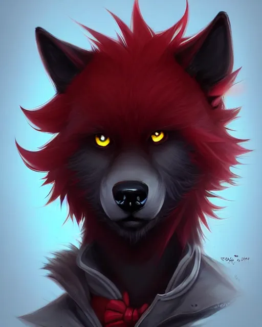Image similar to character concept art of a black anthropomorphic male furry wolf long red hair | | cute - fine - face, pretty face, key visual, realistic shaded perfect face, fine details by stanley artgerm lau, wlop, rossdraws, james jean, andrei riabovitchev, marc simonetti, and sakimichan, trending on artstation