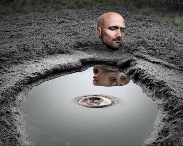 Prompt: a realistic human head coming out of the ground, surreal, water art manipulation