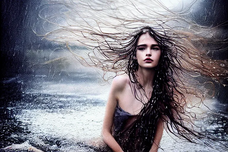 Image similar to girl flying freely in rain with wet hair and face, flowing hair, fantasy, captivating dynamic facial expression, intricate, elegant, dramatic lighting, emotionally evoking symbolic metaphor, highly detailed, lifelike, photorealistic, digital painting, artstation, concept art, smooth, sharp focus, illustration, art by John Collier and Albert Aublet and Krenz Cushart and Artem Demura and Alphonse Mucha