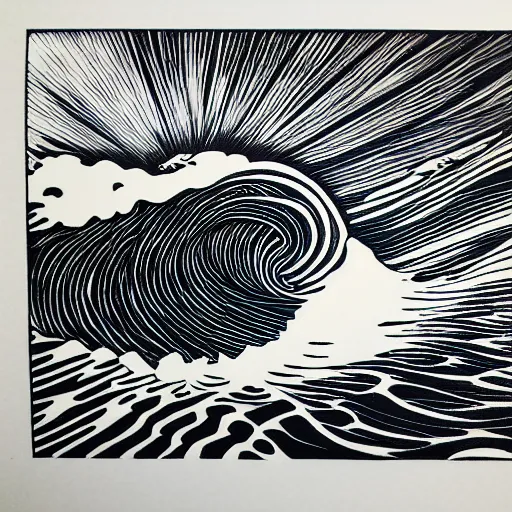 Image similar to crashing ocean wave, thin long fine lines, ultra detailed, woodblock print