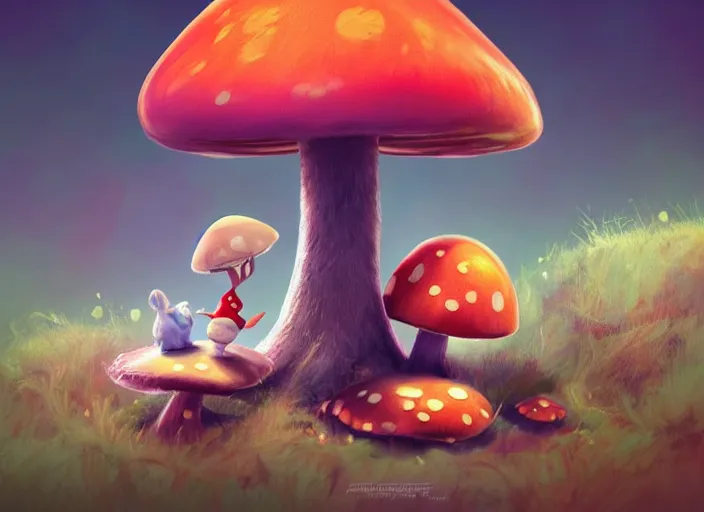 Prompt: a cute creature sitting next to a mushroom, dr seuss very pretty, artgerm lau, wlop, rossdraws, artstation, cgsociety, concept art, octane render, trending on artstation, artstationhd, artstationhq, unreal engine, 4 k, 8 k