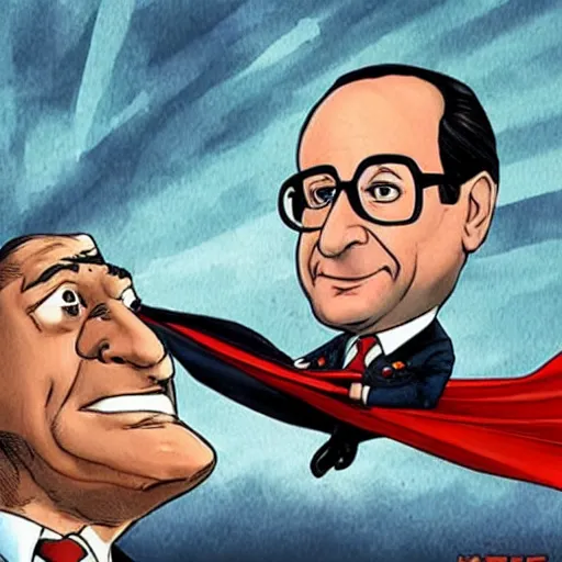 Image similar to francois hollande is a super hero of dc comics, movie atmosphere