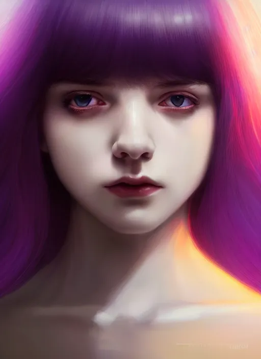 Image similar to hair whitebangs hair, black hair, whitebangs, portrait of teenage girl with white bangs, red irises, purple clothes, white bangs, bangs are different color from hair, intricate, elegant, glowing lights, highly detailed, digital painting, artstation, concept art, smooth, sharp focus, illustration, art by wlop, mars ravelo and greg rutkowski