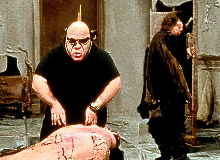 Prompt: film still of Danny Devito!!! as Pinhead in Hellraiser 1987