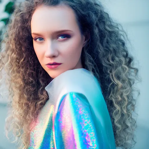 Image similar to selfie of a young woman, wearing a translucent and iridescent jacket, curly long hair, caucasian, sigma 85mm f/1.4, 4k, depth of field, high resolution, 4k, 8k, hd, full color