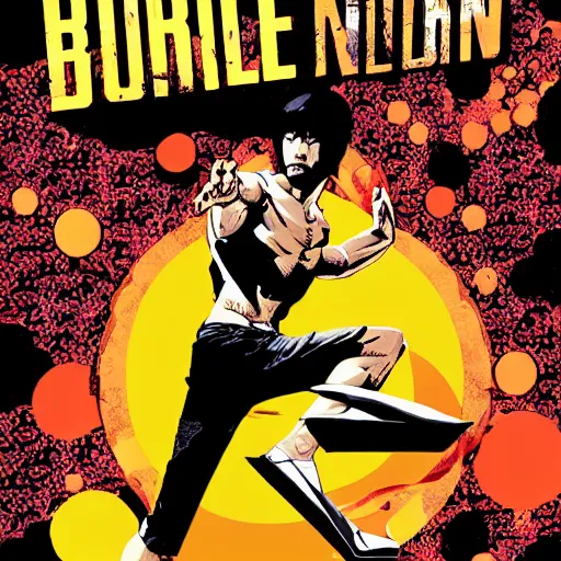 Image similar to Bruce Lee in the style of Borderlands, by Feng Zhu and Laurie Greasley, Victo Ngai, Andreas Rocha, John Harris