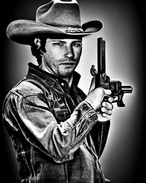 Image similar to portrait of cowboy holding realistic detailed colt revolver, black and white polaroid, western, high production value, intricate details, high resolution, hyperrealistic, hdr, high definition, award winning photography, masterpiece, ultra realistic, highly detailed, hd, sharp focus, cinematic lighting, shaded, non blurry, sharp, smooth