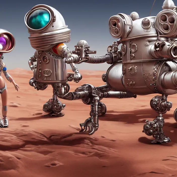 Image similar to highly detailed closeup, portrait of a tin toy bikini spacegirl in a spaceship on mars, unreal engine, nicoletta ceccoli, mark ryden, earl norem, lostfish, global illumination, detailed and intricate environment
