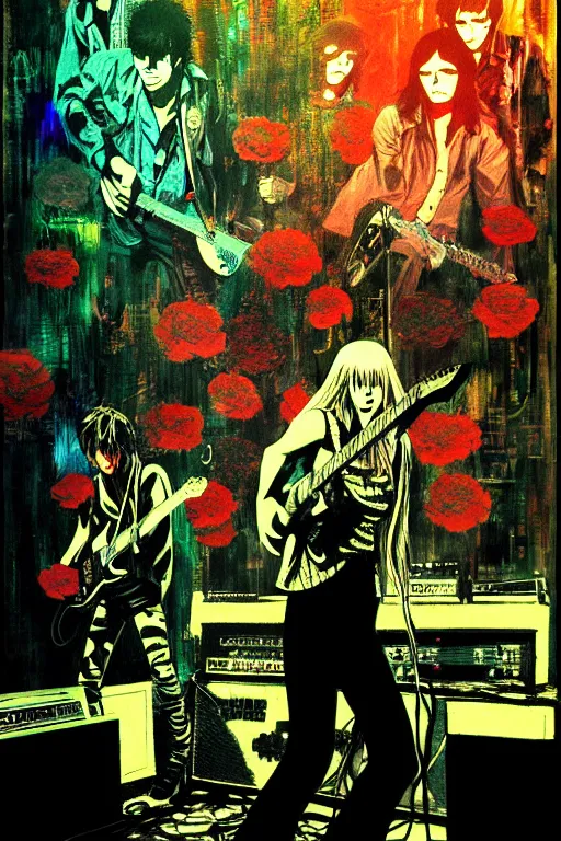 Image similar to the velvet underground and nico playing live on stage at a night club, beautiful stage decoration with flowers in the background, painting by yoji shinkawa, very detailed and colorful and toned down and ornamental and moody and cool and relaxed and high on drugs, trending on artstation, behance contest winner