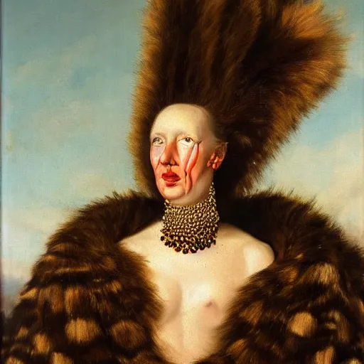 Image similar to disturbing dutch golden age oil painting by christian rex van minnen portrait of an extremely bizarre mutated proteus sundrome woman wearing fancy fur and jewels with intense chiaroscuro lighting perfect composition masterpiece