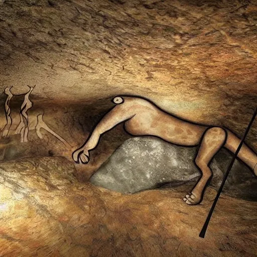 Image similar to realistic prehistoric cave drawings, cave, high quality, rocks, paint