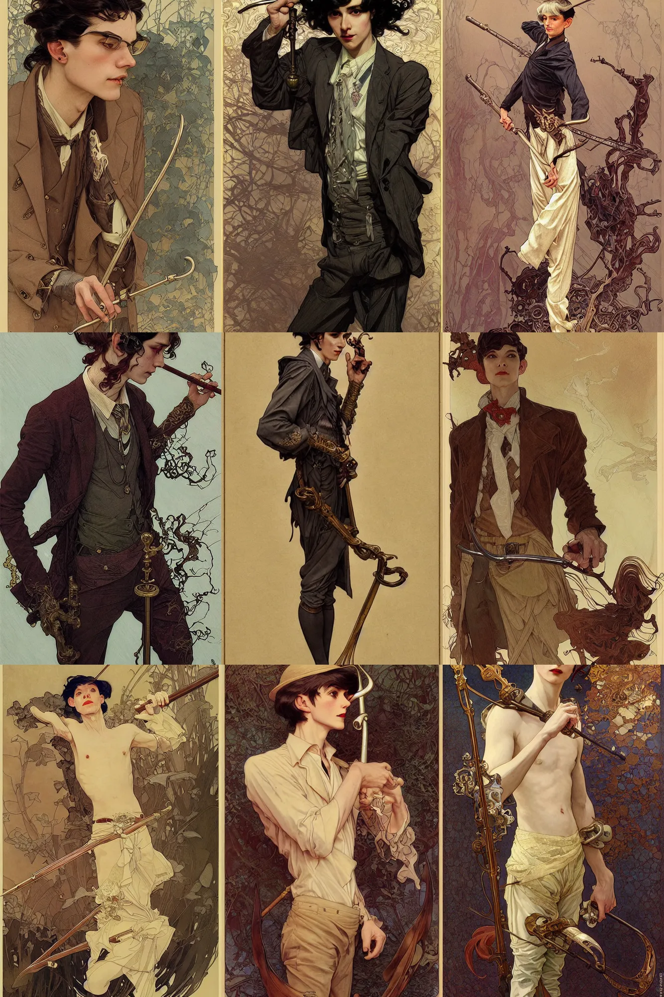 Prompt: thin young male, holding cane, long dark hair, 1 9 2 0 s fashion, fantasy, highly detailed, intricate, smooth, art by joseph leyendecker, peter mohrbacher, ruan jia, marc simonetti, ayami kojima, cedric peyravernay, alphonse mucha, victo ngai