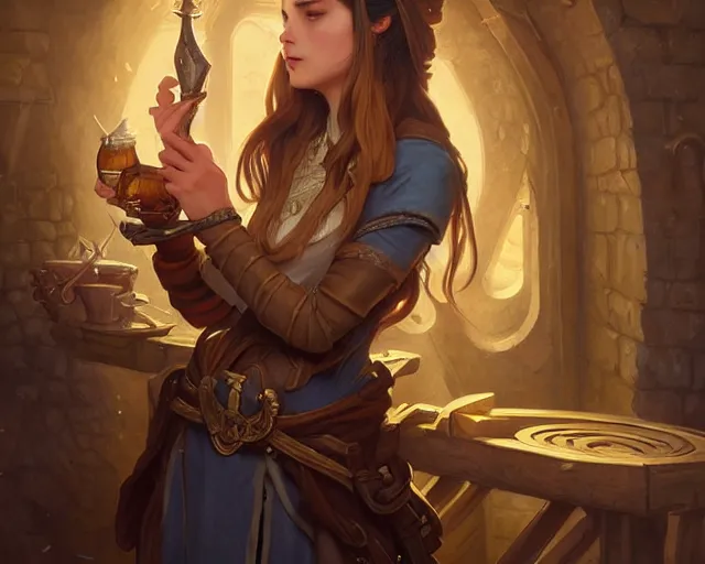 Prompt: bard in a brewery wearing informal clothing, deep focus, d & d, fantasy, intricate, elegant, highly detailed, digital painting, artstation, concept art, matte, sharp focus, illustration, hearthstone, art by artgerm and greg rutkowski and alphonse mucha