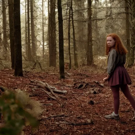 Prompt: Sadie Sink (Maxine Mayfield) from Stranger Things kneeling in a forest looking straight ahead, cinematic, soft realistic lighting, establishment scene, extremely high details, photorealistic, no shadows, 8k