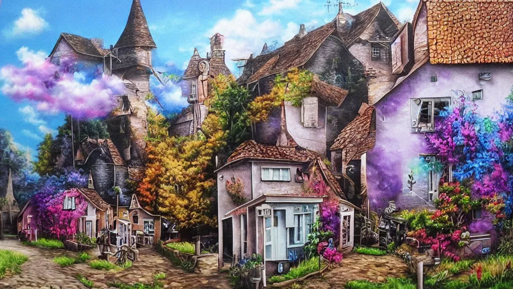 Prompt: airbrush art derivative the very crispest, neatest village