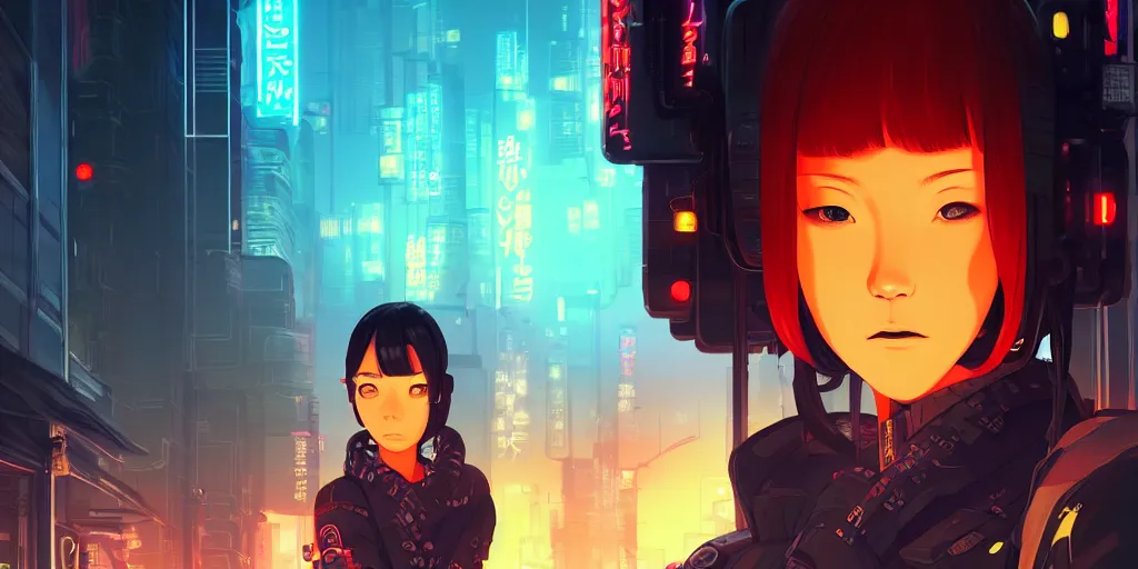 Image similar to digital illustration closeup portrait of cyberpunk samurai in city street at night by makoto shinkai, ilya kuvshinov, lois van baarle, rossdraws, basquiat | afrofuturism, in the style of hearthstone, hero pose, trending on artstation | cool color scheme