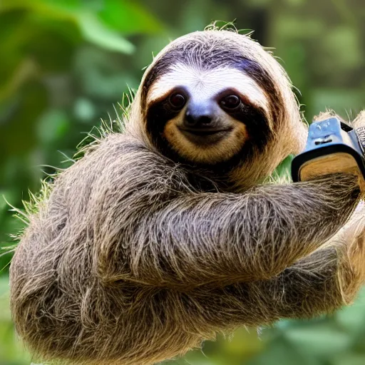 Image similar to baby cute sloth looking at the camera, most cute realistic animal in the world, sloth killing a pigeon with cute face, aggressive sloth fighting a muscled pigeon, best photo award, high quality 8 k, cinematic lighting