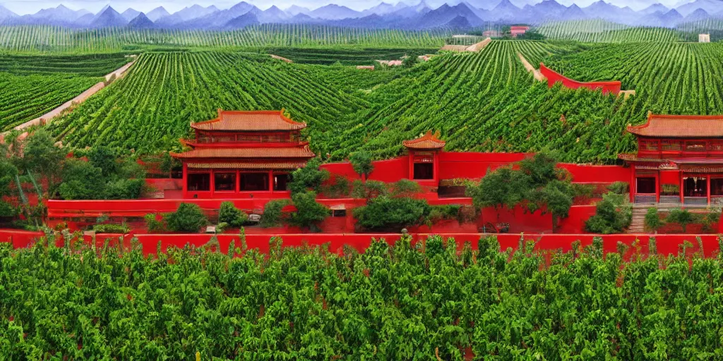 Image similar to A Chinese style winery with red walls and a green roof. The vineyards are sprawling and green, with a river winding through them. In the distance, there are mountains. by zhang zeduan, painting on silk, mi fu, immaculate scale, hyper-realistic, Unreal Engine, Octane Render, digital art, trending on Artstation, 8k, detailed, atmospheric, immaculate