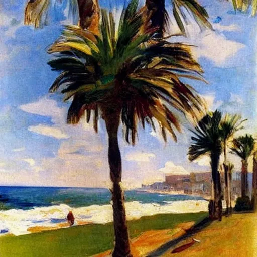 Prompt: painting by joaquin sorolla of palm trees by the coast