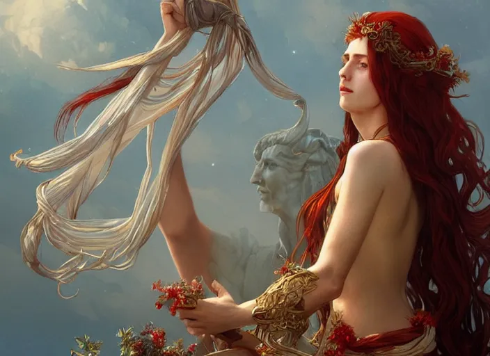 Prompt: A gorgeous Greek Goddess with long flowing red hair, fantasy, intricate, elegant, highly detailed, D&D, digital painting, artstation, concept art, matte painting, sharp focus, illustration, in the style of Greg Rutkowski and Alphonse Mucha and artemisia gentileschi