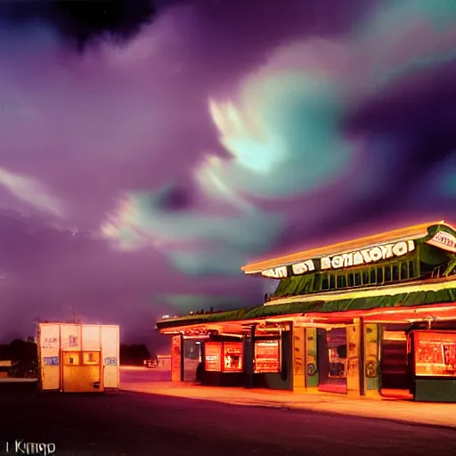 Prompt: film photography of a 1920s wooden gas station at night underwater in front of colourful underwater clouds by Kim Keever. In the foreground floats a seasnake. low shutter speed, 35mm