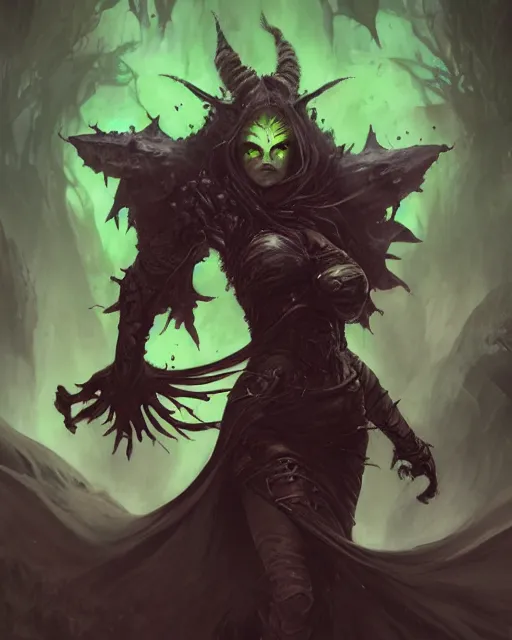 Image similar to Dark Cat Witch, Nurgle, magic the gathering artwork, D&D, fantasy, cinematic lighting, centered, symmetrical, highly detailed, digital painting, artstation, concept art, smooth, sharp focus, illustration, volumetric lighting, epic Composition, 8k, art by Akihiko Yoshida and Greg Rutkowski and Craig Mullins, oil painting, cgsociety