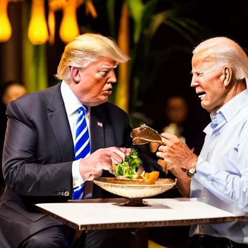 Image similar to Trump and Biden having dinner at a fancy Balinese restaurant, award winning photography, 85mm, perfect faces