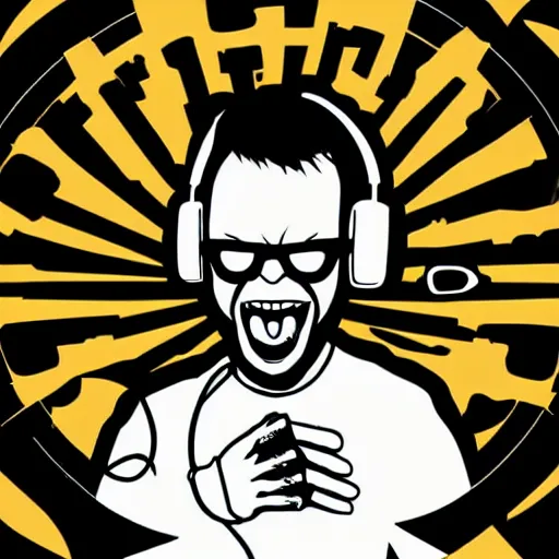 Image similar to svg vector sticker of absolutely insane-mad-scientist-villain, rocking out, wearing headphones, huge speakers, dancing, rave, DJ, spinning records, digital art, amazing composition, rule-of-thirds, award-winning, trending on artstation, featured on deviantart