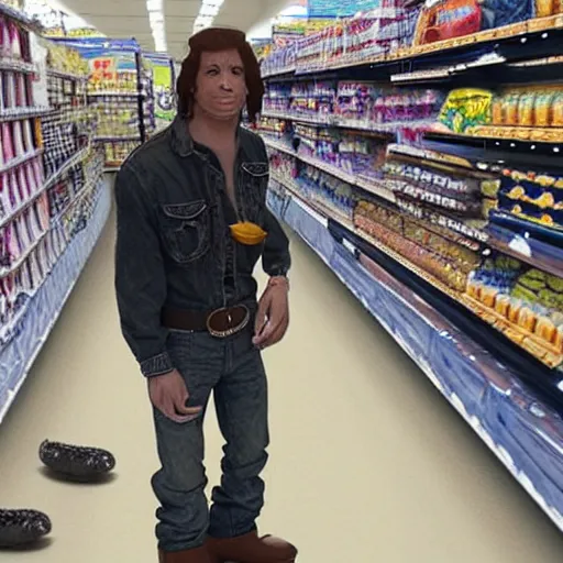 Image similar to real alien at Walmart, wearing cowboy boots, photo, photorealistic, ultra realism, intricate