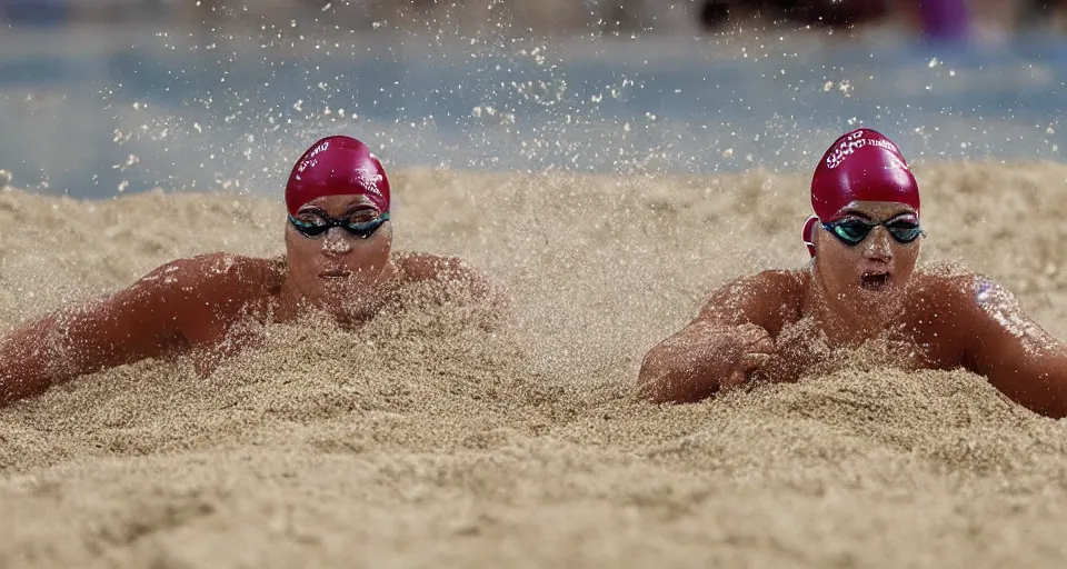 Image similar to olympic swimming in sand instead of water, extremely coherent, motion blur