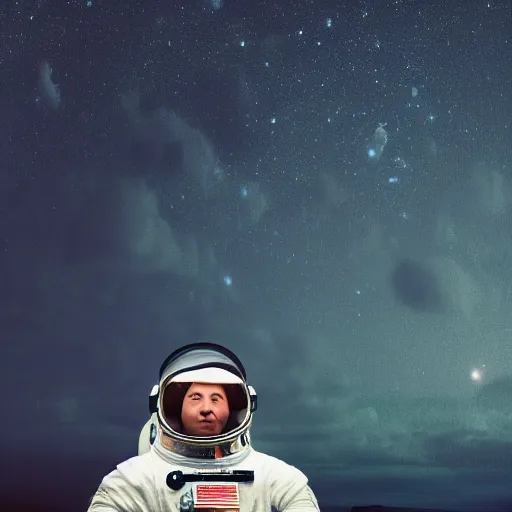 Image similar to a portrait of an astronaut, his head is a skull, it is night and the sky is covered in stars, dramatic and cinematic lights, in the style of edward hopper, 4 k,