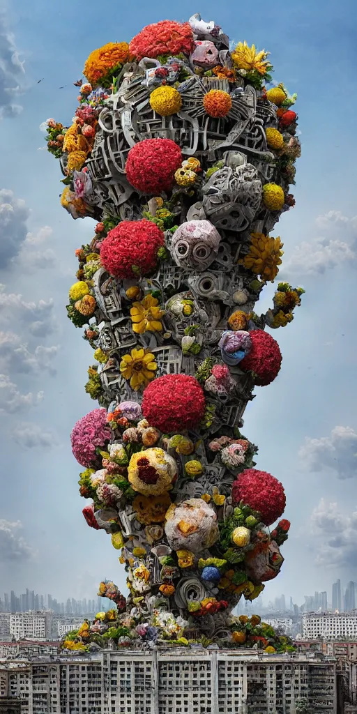 Image similar to colossal grotesque flower made from best unfulfilled mankind projects in the middle of abandoned post soviet constructivist cityscape, Stalinist architecture, ultradetailed, Intricate by Hayao Miyazaki and Josan Gonzalez and Makoto Shinkai and Giuseppe Arcimboldo and Wes Anderson