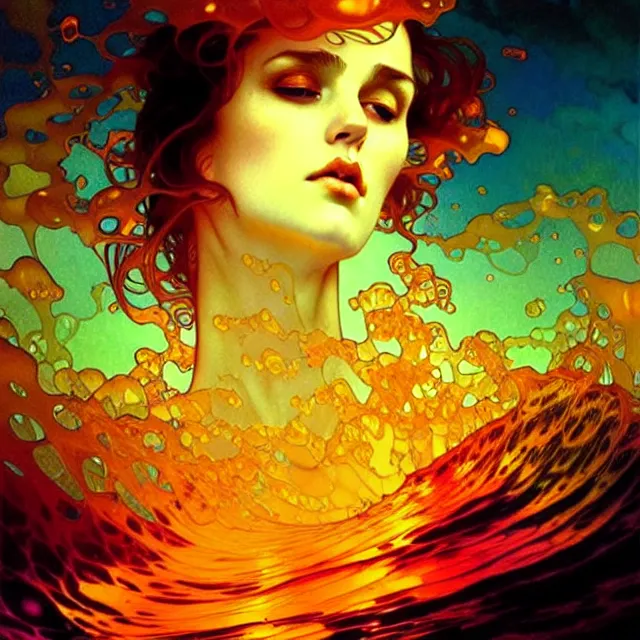 Image similar to mind bending ocean waves of glossy psychedelic liquid honey drops flowing like kaleidoscopic translucent amber, lsd waves, lsd ripples, crystal clear, backlit, sunset, refracted lighting, art by collier, albert aublet, krenz cushart, artem demura, alphonse mucha