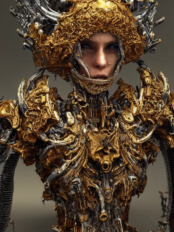 Image similar to portrait art of 8k ultra realistic wither walker,intricate gold crown, detailed intricate ornate armour,decaying, cybernetic, full of colour, cinematic lighting, battered, trending on artstation, 4k, hyperrealistic, focused, extreme details,unreal engine 5, cinematic, masterpiece, art by ayami kojima, giger