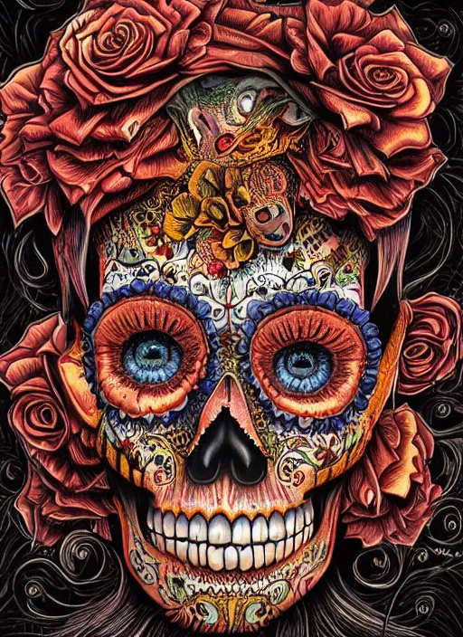 Prompt: portrait of a sugar skull, flaming eyes, intricate, highly detailed, smooth, digital illustration, the dark and quirky art of scott radke