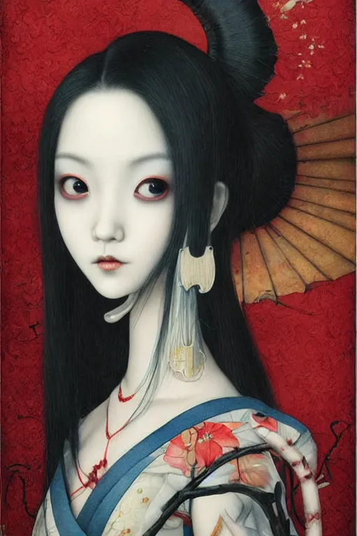 Prompt: watercolor painting of a japanese bjd geisha vampire with a long neck by tom bagshaw, amy sol, mark ryden