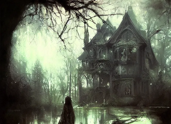 Image similar to gothic mansion, ornate, magical, artwork, paint, sunny, serene, trees, bastien lecouffe deharme, by jeremy mann