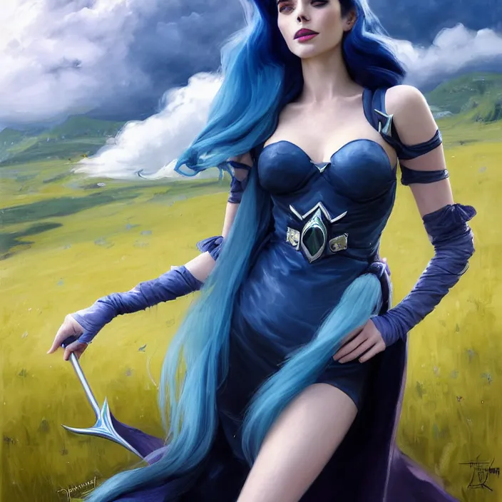 Image similar to portrait of a combination of Ashley Greene, Adriana Dxim, Grace Kelly and Lily Collins with blue hair as Syndra from League of Legends, countryside, calm, fantasy character portrait, dynamic pose, above view, sunny day, thunder clouds in the sky, artwork by Jeremy Lipkin and Giuseppe Dangelico Pino and Michael Garmash and Rob Rey and Greg Manchess and Huang Guangjian, very coherent asymmetrical artwork, sharp edges, perfect face, simple form, 100mm