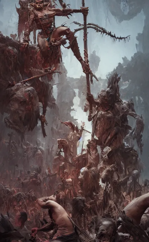 Image similar to tribal ritual in a village of death, front game card, drark, marvel comics, dark, intricate, highly detailed, smooth, artstation, digital illustration by ruan jia and mandy jurgens and artgerm and wayne barlowe and greg rutkowski and zdislav beksinski