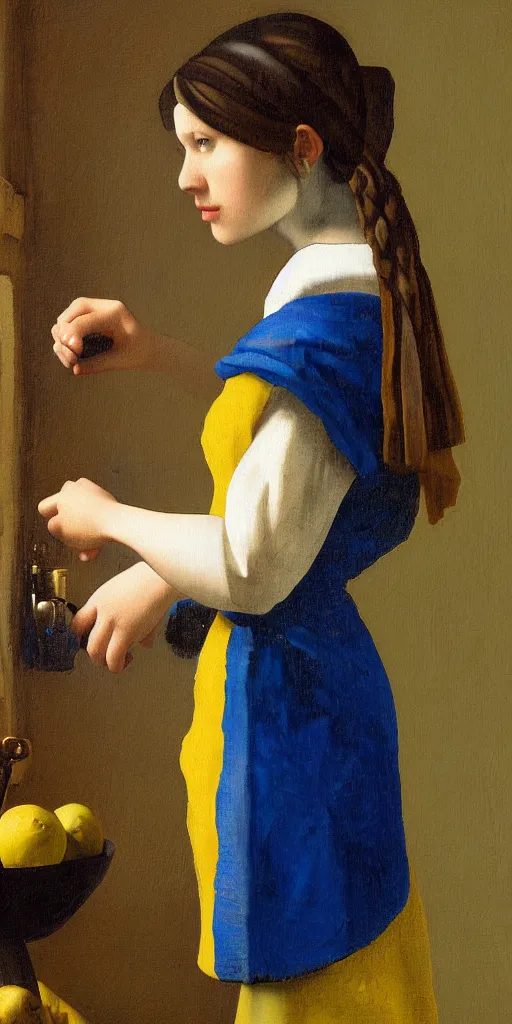 Image similar to Tifa Lockheart painted as the milkmaid by Johannes Vermeer