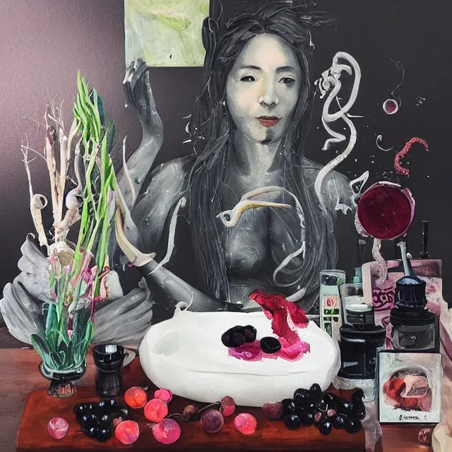 Image similar to “ a portrait in a female art student ’ s apartment, sensual, a pig theme, art supplies, surgical iv bag, octopus, ikebana, herbs, a candle dripping white wax, black walls, squashed berries, berry juice drips, acrylic and spray paint and oilstick on canvas, surrealism, neoexpressionism ”