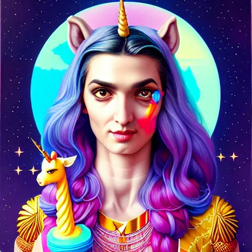 Image similar to portrait of himan riding an unicorn and, pixar style, by tristan eaton stanley artgerm and tom bagshaw.