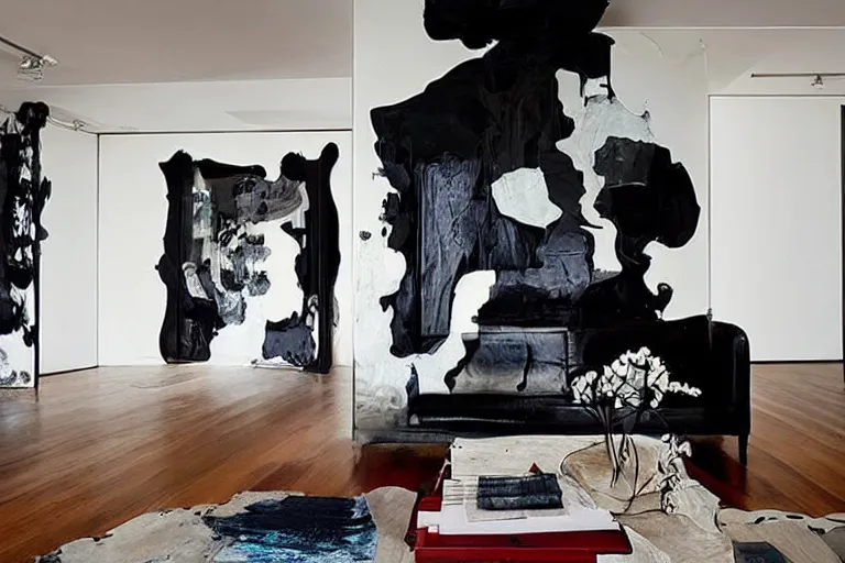 Prompt: “award-winning interior sculpture in an Australian artist’s apartment, black walls”