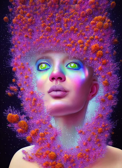 Prompt: hyper detailed 3d render like a Oil painting - Aurora (Singer) looking adorable and seen joyfully Eating of the Strangling network of yellowcake aerochrome and milky Fruit and Her delicate Hands hold of gossamer polyp blossoms bring iridescent fungal flowers whose spores black the foolish stars to her adorable smirking mouth by Jacek Yerka, Mariusz Lewandowski, Houdini algorithmic generative render, Abstract brush strokes, Masterpiece, Edward Hopper and James Gilleard, Zdzislaw Beksinski, Mark Ryden, Wolfgang Lettl, hints of Yayoi Kasuma, octane render, 8k